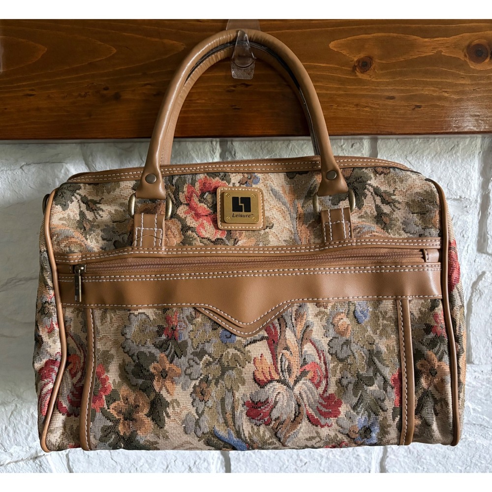 Vintage Leisure Luggage Floral Tapestry Weekender Bag Tan Travel Bag